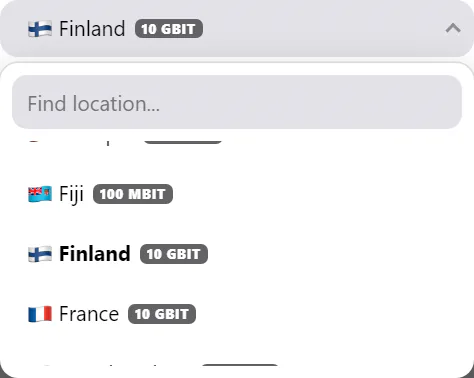 The Change Location window with the country list open at Finland